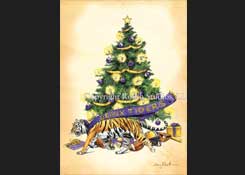 Mike the LSU Tiger and Christmas Tree Watercolor Christmas Card